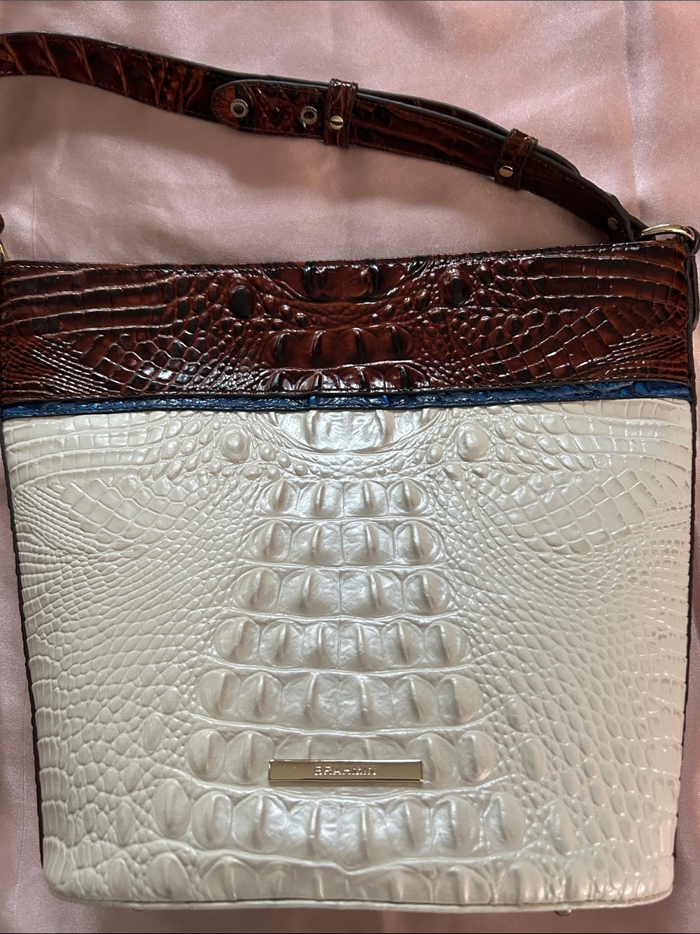 Brahmin Cream and Brown Croc-Embossed Satchel